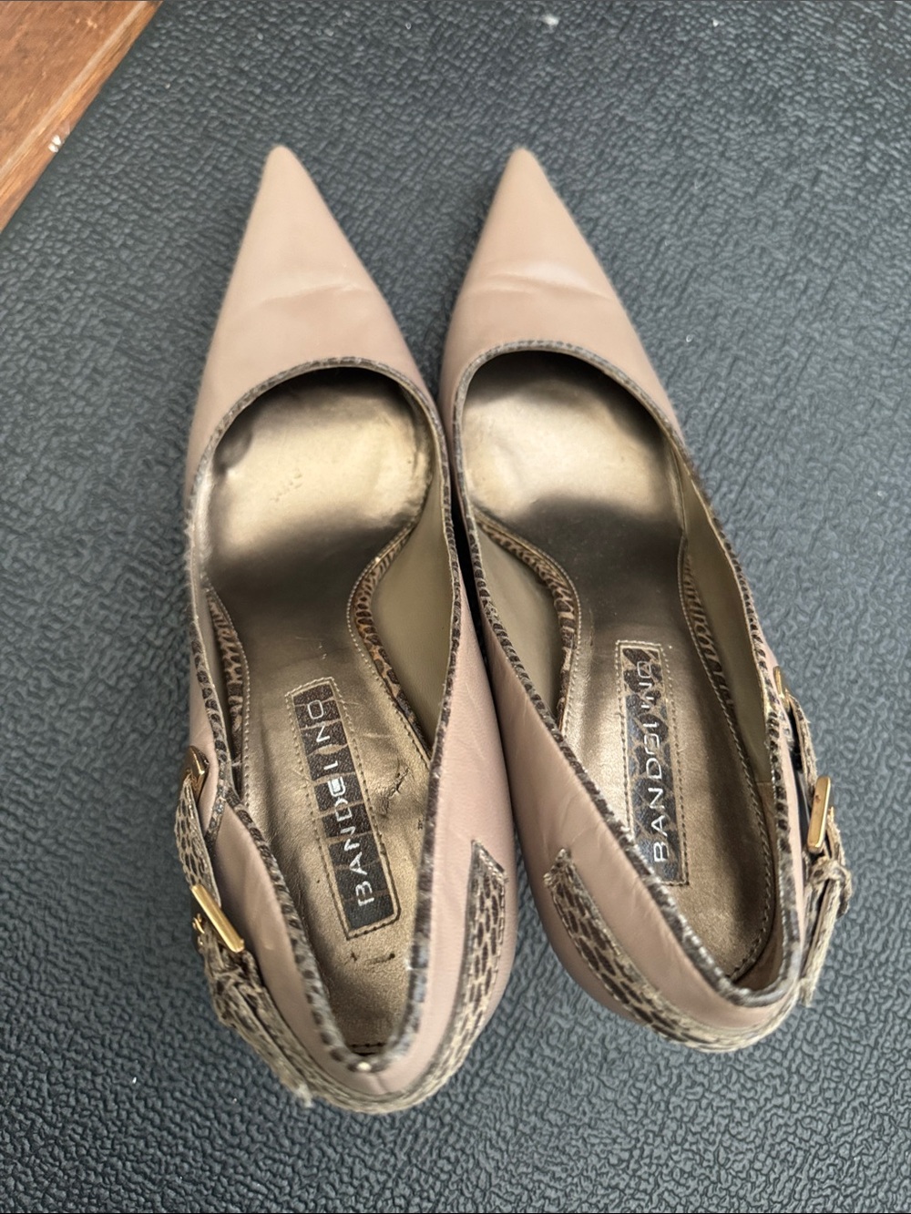 Bandolino  8.5 Taupe Pointed-Toe Heels with Gold Buckles